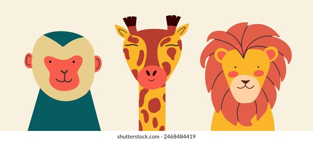 Cute portraits baby jungle animals. Giraffe, lion, monkey. Cartoon wildlife character. Vector illustration. 