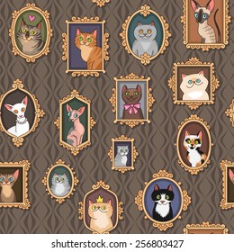 Cute portraits of cats. Seamless pattern for your design. 
