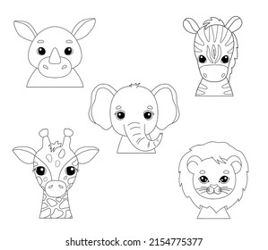 Cute Portraits Cheetah, Giraffe, Elephant And Zebra In Outline Style. Drawing African Baby Wild Cat Face Isolated On White Background. Drawing For Kids Card And Coloring Page. Jungle Animal