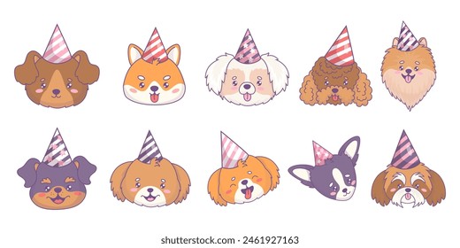 Cute portraits dogs in birthday caps of different breeds set. Funny muzzle of chihuachua, mongrel, spitz, rottweiler, poodle, Shiba Inu, Shih Tzu. Isolated cartoon kawaii animal. Vector illustration.