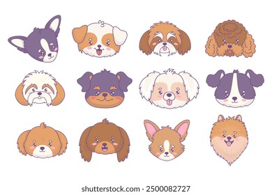 Cute portraits dogs of different breeds collection. Funny muzzle of chihuachua, mongrel, spitz, rottweiler, poodle, pinscher, Shih Tzu. Isolated cartoon kawaii animal. Vector illustration