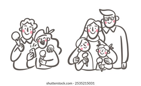 Retratos bonitos de pessoas felizes com sorvete. Família com filhos e jovem casal. Ilustração desenhada à mão. Desenho vetorial.