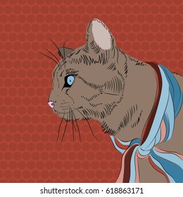 Cute portraits of kitten in profile, with scarf on  pattern. Hand drawing vector illustration with fashion animal. Print with illustration of pussycat  for clothes, greeting cards, invitation