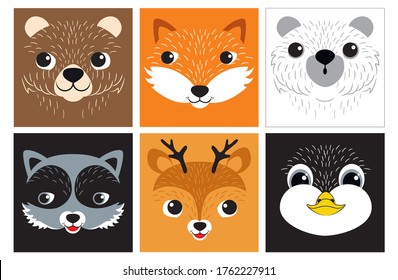 Cute portraits of  woodland animals - bear, fox, penguin, deer & raccoon