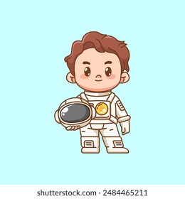 Cute pose astronaut boy kawaii chibi character mascot illustration outline style design set