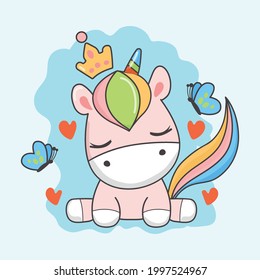 Cute pose of unicorn tenderness among butterflies