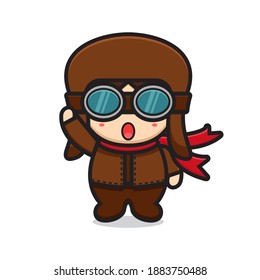 Cute posing pilot mascot character waving hand