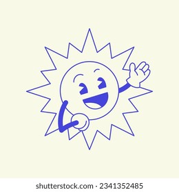 Cute positive bright sun cartoon character welcome gesture retro 30s animation style line art icon vector illustration. Smile summer sunny comic mascot greeting cheerful minimal monochrome emoticon