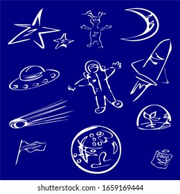 Cute positive hand drawn doodles of the stars, moon, UFO, friendly alien, cosmonaut, flying rocket, falling comet, plant for experiments, flag, some strange planet and can of soup for austronauts