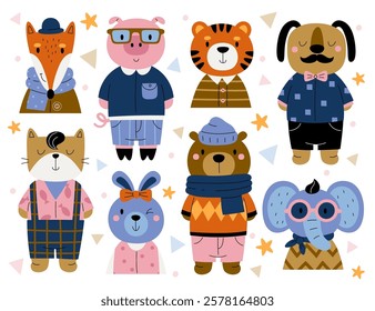 Cute positive hipster animal characters wearing stylish fashion apparel trendy outfit vector illustration. Fashionable fox, pig, tiger, dog, hare rabbit, cat, beer, elephant vector illustration