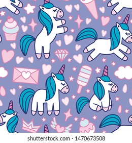 Cute positive pattern of unicorns. Vector cartoon illustration