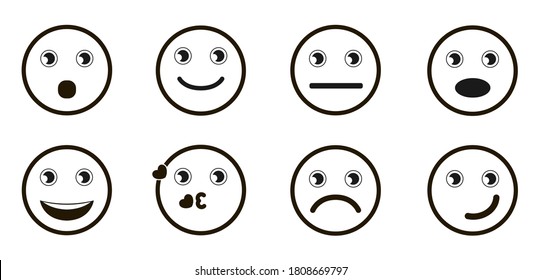 Cute, positive, sad and confused simple emoji icons. Emotions set vector illustration