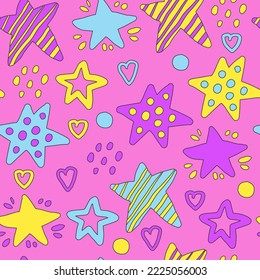Cute positive seamless pattern with stars. Funny hand drawn vector background with retro psychedelic groovy elements textured stars, hearts, dots for kids, birthday, party, greeting card design