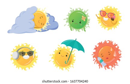 Cute positive sun characters doing summer activities vector illustration