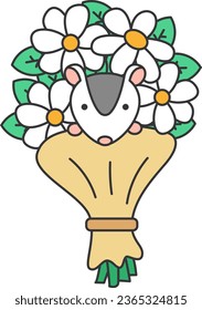 Cute possum with bouquet of flowers. Vector illustration.