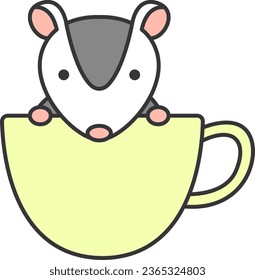 Cute possum in a cup. Vector illustration, flat design.