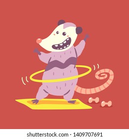 Cute possum doing exercises with hula hoop vector cartoon character isolated on background.