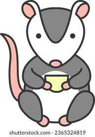 Cute possum sitting with a cup of coffee. Vector illustration.