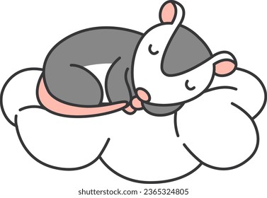 Cute possum sleeping on a cloud. Vector illustration in cartoon style.