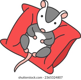 Cute possum sleeping on pillow. Vector illustration in cartoon style.