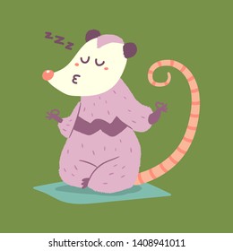 Cute possum in yoga lotus pose vector cartoon character isolated on background.