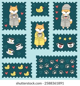 Cute postage stamp with Adorable Shiba Inu dog in pajamas with warm drink