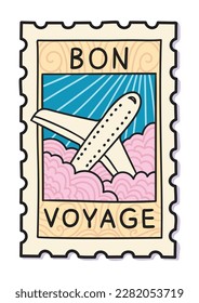 Cute postage stamp with an airplane flying through the pink clouds. Vector cartoon illustration. 