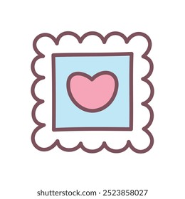 Cute postage stamp icon. Hand drawn illustration of a romantic postal stamp with pink heart isolated on a white background. Kawaii St. Valentine day sticker. Vector 10 EPS.