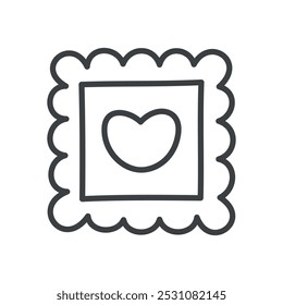 Cute postage stamp icon. Hand drawn monochrome illustration of a romantic postal stamp decorated with a heart isolated on a white background. Kawaii St. Valentine day concept. Vector 10 EPS.