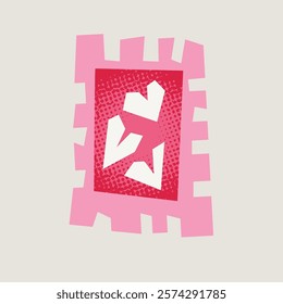 Cute postage stamp icon. Hand drawn illustration of a romantic postal stamp decorated with a heart isolated on a white background with halftone effect. Valentine day concept. 