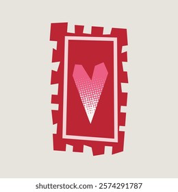 Cute postage stamp icon. Hand drawn illustration of a romantic postal stamp decorated with a heart isolated on a white background with halftone effect. Valentine day concept. 