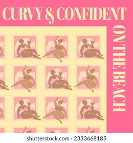 Cute Postage Stamps with Curvy girls. Vector illustration of body positive quotes. Positive vacation lifestyle card.