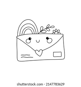 Cute postal envelope with hearts and rainbows. Mail symbol in kawaii style. Vector doodle illustration.
