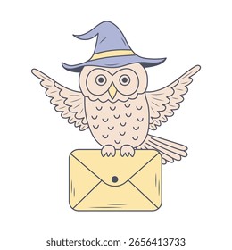 Coruja postal bonito em um chapéu segura um envelope. Ilustração vetorial.
