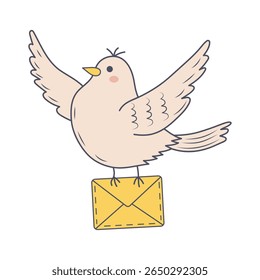 Um pombo postal bonito segura um envelope. Ilustração vetorial.