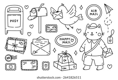 Cute postal set with mail boxes, stacks of letters, stamps, parcels, a carrier pigeon, and a postman. Vector hand-drawn illustration in doodle style. Perfect for decorations, logo, various designs.