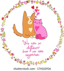 Cute postcard about love, cat and dog in love. 