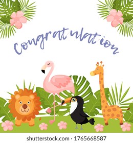 Cute postcard with animals and tropical leaves. Lion, Flamingo, Toucan and giraffe. Vector illustration