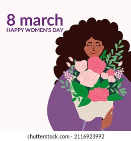 cute postcard, banner, illustration for a website, poster for women's Day on March 8, vector illustration of a portrait of a beautiful black African-American girl with a bouquet of flowers