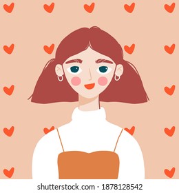 cute postcard, banner, poster for Valentines Day , vector illustration of a portrait of a beautiful girl hearts background. Female face portrait for card and web