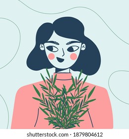 cute postcard, banner, poster for Women's Day on March 8, vector illustration of a portrait of a beautiful girl with a bouquet of flowers. Female face portrait for card and web