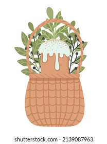 Cute postcard basket with Easter cupcake. Vector illustration. Easy to change color.