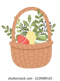 Cute postcard basket with Easter eggs and flowers. Vector illustration. Easy to change color.