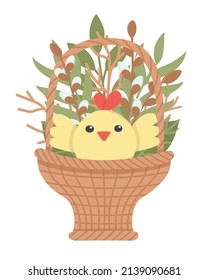 Cute postcard basket with Easter eggs and chicken. Vector illustration. Easy to change color.