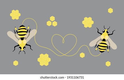 Cute postcard with bees and honeycombs for the holiday World Bee Day. The trendy colors of 2021 are yellow and gray. For printing on business cards, clothes, kitchen textiles. Vector graphics.