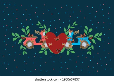 Cute postcard with a bike. Love proporty in the circle of the tropics and butterflies. A poster with a heart about love on Valentine's Day. Vector illustration