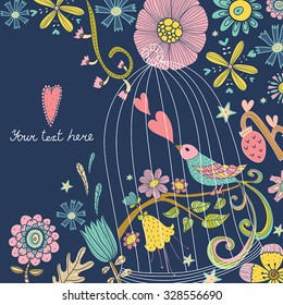 Cute postcard. Bird in a cage. Flowers motif.