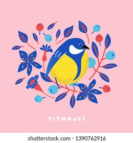 Cute postcard with birds, blueberries and flowers, berries and leaves. Vector illustration.