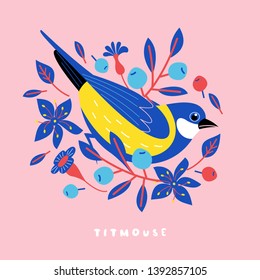 Cute postcard with birds, blueberries and flowers, berries and leaves. Vector illustration.