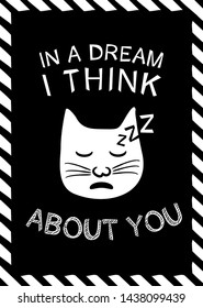 Cute postcard black and white chalked design with lettering and cat. Chalk postcard.
